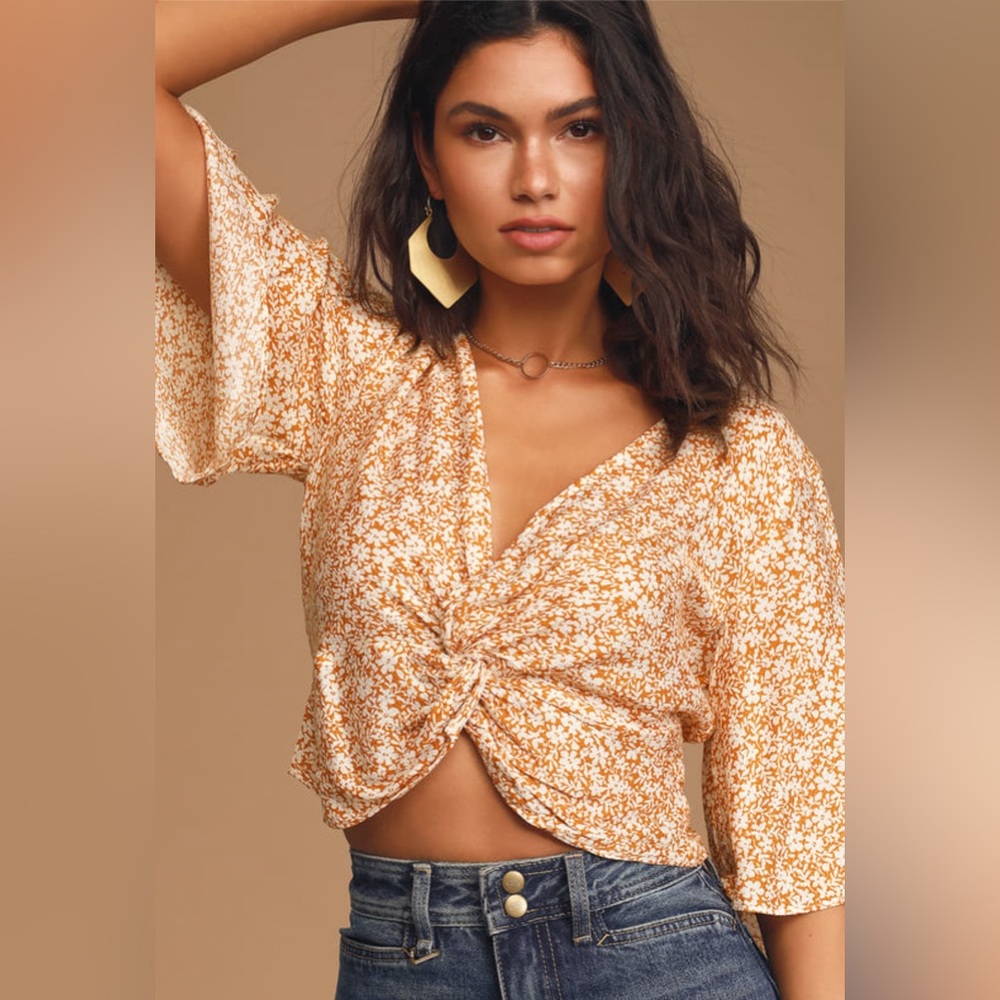 Wild Honey Mustard Yellow Floral Print Twist-Front Top